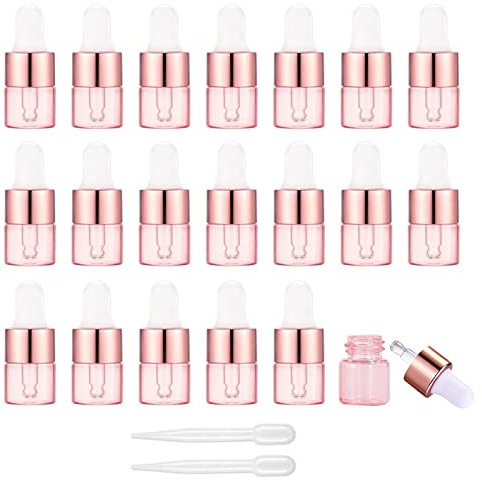 Alledomain 20Pcs, 1Ml Rose Gold Glass Sample Dropper Bottles, Empty Mini Bottles with Dropper Pipettes Aluminum Alloy Cap Refillable Sample Containers for Essential Oils Perfume Aromatherapy