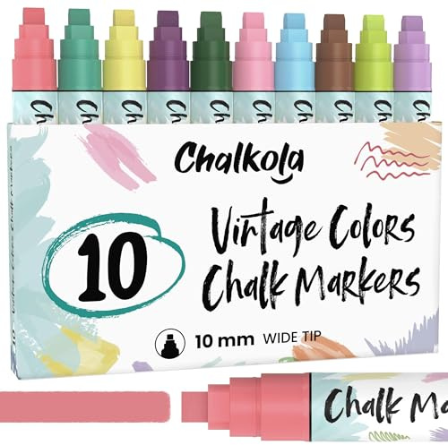 Chalkola 10 mm bilfönsterpennor – 10 vintage färgade kritmarkörer – 10 mm bred spets – tvättbara flytande kritpennor för skrivtavla, svarta tavlan, fönster, glas, bistro – blöta raderbara