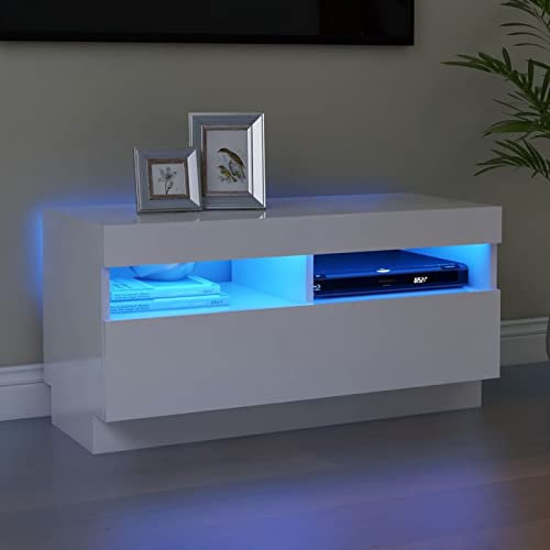 Susany Mobile Porta TV con Luci LED, Tavolino Porta TV con Strisce Luci LED Moderno, per Soggiorno, Mobile Porta TV con Cassetti Bianco Lucido 80x35x40 cm