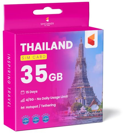 SimCorner Thailand Travel SIM Card (35GB, 15 Days) - AIS SIM for Tourists w/Free AIS WiFi & Prepaid Talktime - 3-in-1 4G Hotspot Card: Standard, Micro, Nano SIM for Unlocked Phones