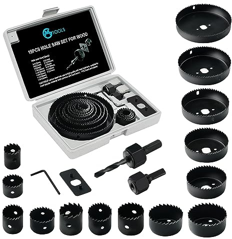 GMTOOLS Hole Saw Set, 19Pcs Hole Saw Kit with General Purpose 3/4 to 5(19-127mm) Saw Blades, Mandrels, Drill Bits, Installation Plate, Hex Key with Storage Case, Idear for Wood, Plywood, PVC Board