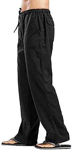 YAOHUOLE Men Linen Trouser Casual Loose Fit Lightweight Elastic Waist Drawstring Yoga Beach Pant Black 2XL