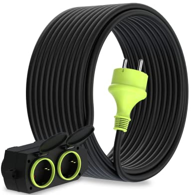 MutecPower 20m Cavo di prolunga con 4 prese Schuko per uso esterno IP44 H05RR-F3G 1,5mm² prolunga a 4 vie con contatti di protezione cavo in gomma da esterno 20 metri nero/verde