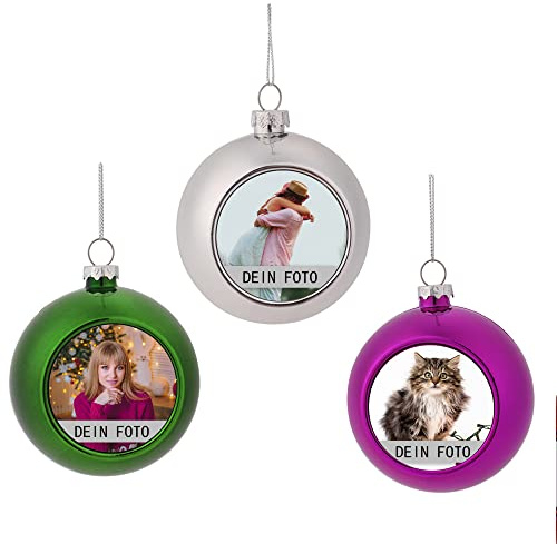 MilyaDE 3 Stück Weihnachtskugeln mit eigenem Bild, Kunststoff innen Glitzer Lametta 6cm, Christbaumkugeln Personalisierte selbst gestalten