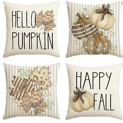 Artoid Mode Streifen Hallo Kürbisse Herbst 45x45 cm 4er Set Kissenbezüge | Saisonal Blätter Fall Zierkissenbezug Cushion Cover Couch Wohnzimmer Deko