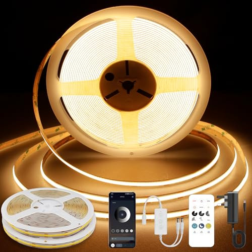 TTWAY COB LED Streifen 20m, 2x10m, 2700K DC24V LED Streifen mit Netzteil, Fernbedienung, CRI 92+, 8mm Breite, Dimmbare LED Strip für Heimdekoration,Schlafzimmer, Küche, Party, Warmweiß.
