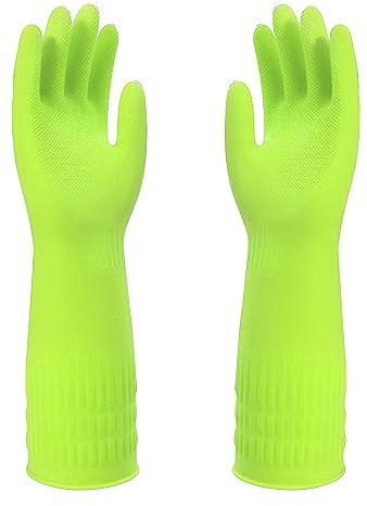 COMNICO Rubber Cleaning Gloves 15inch Extra Long Waterproof Non-Slip Reusable Housework Bathroom Kitchen Grippy Latex Supplies for Dish Washing Bleaching, 1 Pair Red or Green (Green)