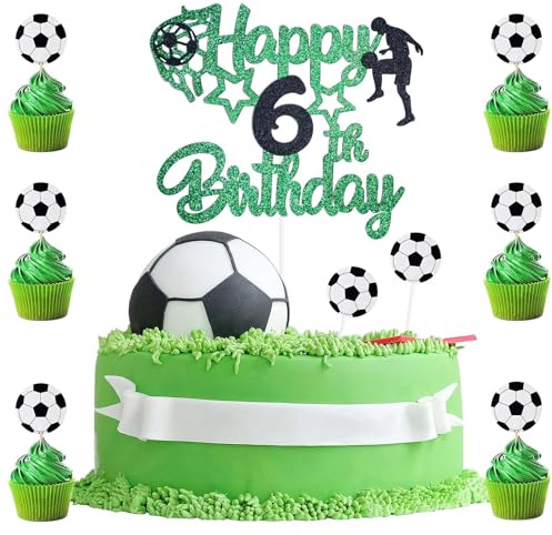 9 Pack 6th Birthday Cake Topper Boy Football,Happy 6th Cake Decorations,Football Cake Decorations 6 Birthday,1 Cake Topper with 8 Soccer Cupcake Decorations for Party Supplies
