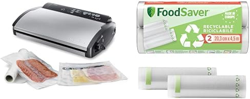FoodSaver V2860 - Envasadora al Vacío, 2 Tipos de Envasado, 3 Velocidades, Color Negro y Plata, 43 x 29 x 10.5 cm + Foodsaver Bolsas de Envasado al Vacío Reutilizables, 5 Rollos, 36 Bolsas