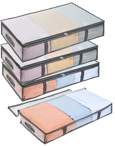OTraki 4 Pack Clothes Storage Bags, Foldable Underbed Storages 90L Large Under Bed Storage Box with Lid Storage Boxes with Reinforced Handle Thick Fabric Clear Window for Blankets Bedding and Duvet