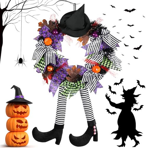 NEMMXUB Ghirlanda di Streghe di Halloween, Ø 35cm Ghirlanda Halloween, Corona di Zucca con Cappello e Piedi da Strega, Ghirlanda Decorativa per Halloween Porta d'ingresso, le Finestre e le Pareti