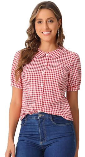 Allegra K Chemisier à carreaux à manches courtes bouffantes avec col Peter Pan pour femme, Rouge, XL
