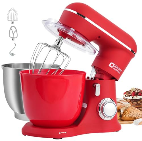 Kitchen in the box Stand Mixer, 4.5L+5L Two Bowls Food Mixer for Baking, 10 Speeds Electric Kitchen Appliance with Dough Hook, Whisk, Beater, 1300W Matte for Home Baking (Red)