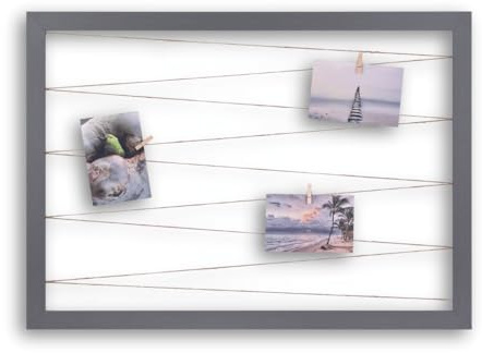 CLAMARO Collage Line Fotoleinenhalter, Stahlgrau, 75 x 55 cm, Querformat | Juteband-Fotoleine, 20 Holzklammern aus Echtholz, MDF-Rahmen 30 mm breit, Metall-Wandaufhänger, für Fotocollagen und Wanddeko
