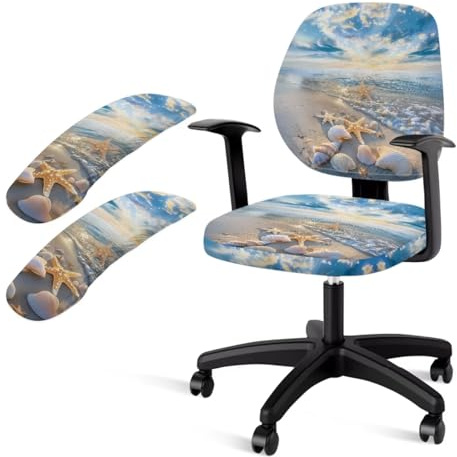 Wanzuoeng Shell Beach Print Office Chair Cover with Armrest Covers, Stretchy Computer Office Chair Cover Dust-Proof Boss Chair Covers, Washable & Removable Rotating Boss Chair Slipcovers