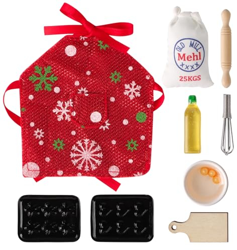 BETESSIN Wichtel Zubehör Weihnachten - 9er Miniatur Backset - inkl. Weihnachtsschürze, Mehl, Öl, Eier, Eierklopfer, Nudelholz, Keks-Formen usw. - Miniatur Zubehör für Wichteltür und Puppenhaus Möbel