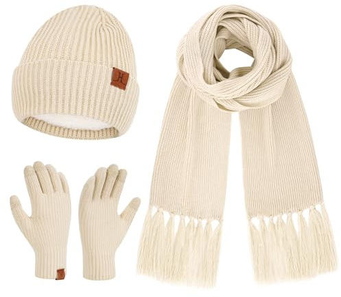 Bequemer Laden Winter Beanie Mütze Damen Lange Schal Handschuhe Geschenke | Damen Gefütterte Wintermütze Strickmütze Touchscreen Winterhandschuhe Lange Schals mit Quasten Weihnachtsgeschenke Frauen