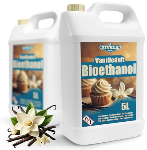 Bioéthanol 96,6 % 10 l | Alcool bio parfum vanille 96,6 % 2 x 5 l | Bioéthanol pour cheminée, cheminée de table, cheminée au bioéthanol | Parfum vanille | Combustion propre, sans fumée, flamme vive et