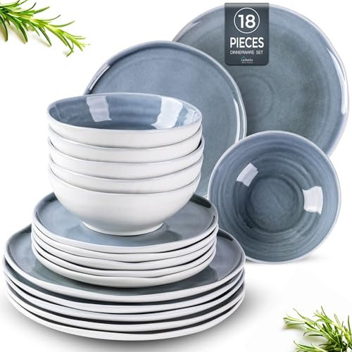 LeRatio Dinner Sets for 6 People, 18 Pieces Handcrafted Stoneware Plates and Bowls Set, Scratch Resistant Dinnerware Set, Oven, Dishwasher, Microwave Safe Crockery Set (Beau Blue, Service for 6)