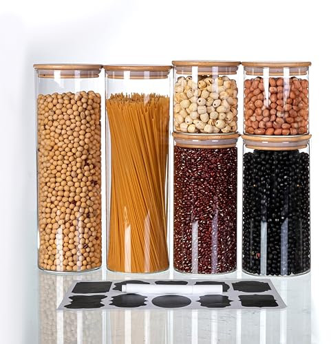 LUGZEY 6-Pack Glass Jars with Bamboo Lids Labels and Chalk, Kitchen Storage Jars for Pasta Spaghetti Cereals Grains Sugar Spices Jellies and Cookies, 3 Sizes (2100ml, 1200ml, 800ml)