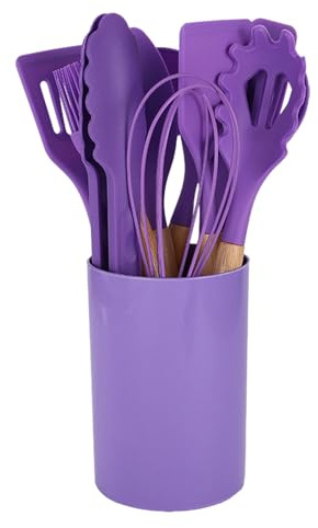 Shienfir Silicone Kitchen Utensil Set Nylon Core Reinforced Tools Utensils with Wooden Handle Heat-resistant Cooking Non-stick Safe Kitchenware for Home Purple 1 Set