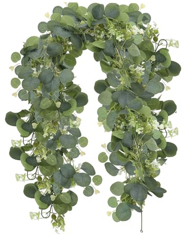 TIESOME Künstliche Eukalyptus Girlande, 1.8m Eukalyptus Deko mit Weidenblättern und Weißen Blumen, Blätter Girlande für Hochzeit, Hintergrund, Tischläufer, Pflanzen Deko(Stil A)
