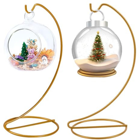 DELORIGIN 2 pezzi ornamento stand espositori in vetro sfera di Natale supporto in filo di ferro dorato gancio da appendere per palline di Natale lanterne appese piante aeree terrario palla decorazione