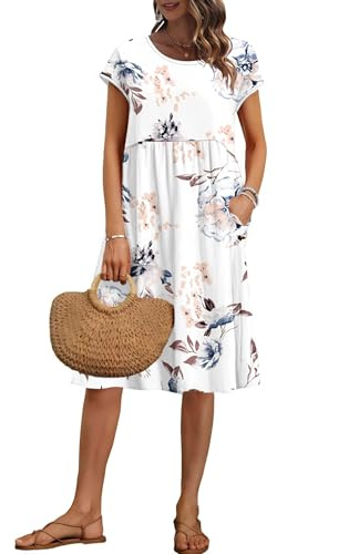 AUSELILY Vestido Verano Manga Corta hasta la Rodilla para Mujer Vestidos Holgado con Cuello Redondo y Bolsillos