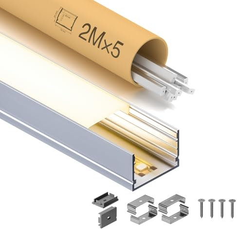 GEEKLUX 5 x LED Profil Aluminium 2 m (10 m), Led Kanal für led Streifen bis 25 mm, 30 x 20 mm, Einbau-led Schiene mit PC Diffusor, inklusive Befestigungsclips, Trockenbauprofil für Decke und Wand