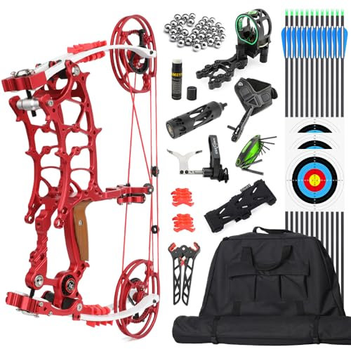 SHARROW Bogenschießen Compound Bogen und Pfeile Set für Erwachsene, Dual-Use 17“ Kurzachsiger Stahlkugel Compound-Bogen, 30-75 Lbs Zuggewicht, IBO 340 fps, Angeln Jagd Bogen Kit (Rot/Typ 3)