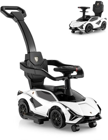SOARS Lamborghini Rutschauto, Rutschfahrzeug mit Abnehmbarer Schiebstange, Universalrädern, Stauraum, Scheinwerfern, USB-Anschluss, Musik, Spielzeugauto für Kinder ab 1 Jahr (Weiß)