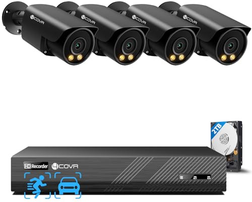 4COVR PoE CCTV Camera Systems Outdoor, 8CH NVR 2TB HDD, ELY37YB5M0804 | 4×5MP Wired Bullet IP Security Camera IP67, 2 Way Audio & Smart Color Night Vision, Person Vehicle Detection, 24/7 Home Video