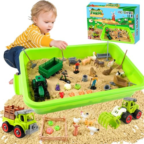 MYDOVA Bac à Sable sensoriel à thème de la Ferme,1KG de Sable, Voiture de Fermier Amovible, modèle de volaille, Jouet éducatif, Cadeau pour Enfants à partir de 3 Ans