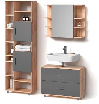 Livinity Badmöbel-Set Eisak, Anthrazit/Goldkraft Eiche, 3 Teile, mit Hochschrank