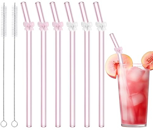 Lot de 6 pailles en verre avec 2 brosses de nettoyage, jolies pailles en verre incassables, réutilisables, parfaites pour les amateurs de café, milkshakes, smoothies, Aesthetic Gift(Pink)
