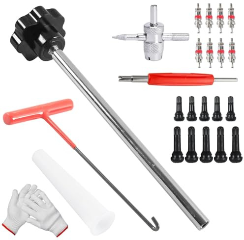 Taipintee 21 Stück Reifenventil Werkzeug Set, Metall und Kunststoff, Inklusive Vorbauabzieher, Hakenwerkzeug, Hilfswerkzeug und Handschuhe, für Auto, LKW, Motorrad (Schwarz und Rot)