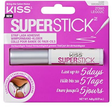 KISS Super Stick, colla per ciglia prolungata per 5 giorni, colla per ciglia ad asciugatura rapida, arricchita con estratto di amamelide e cactus, applicatore a pennello, netto 4,8 g, trasparente