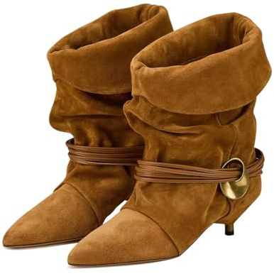 Agodor Kitten Heel Brown Slouchy Ankle Boots for Women Pointed Toe Wide Calf Boho Suede Fold Over Mid Calf Boots Slip On Comfortable Fashion Cowboy Booties for Women US7.5