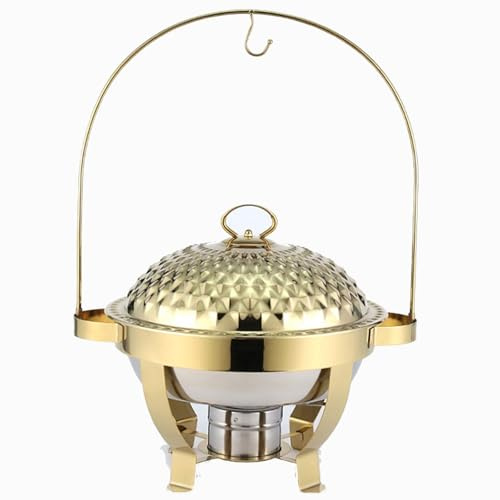 Set da buffet con scaldavivande, scaldavivande rotondi for catering con staffa, fornello con coperchio sospeso in acciaio inossidabile, for matrimoni, picnic, feste, banchetti, casa(Gold,6.0L)
