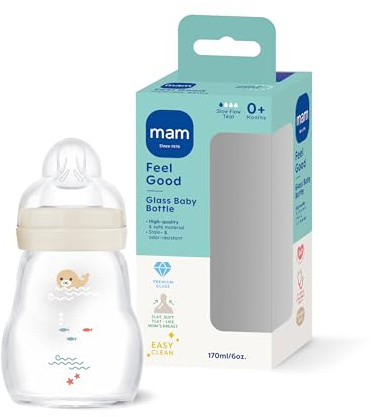 MAM Feel Good Glasflasche 170 ml, 94% Akzeptanz, Sauger Gr. 1, Robbe | Babyflasche aus Premiumglas, hitzebeständig & geschmacksneutral, SkinSoft Sauger fast wie beim Stillen, weite Öffnung