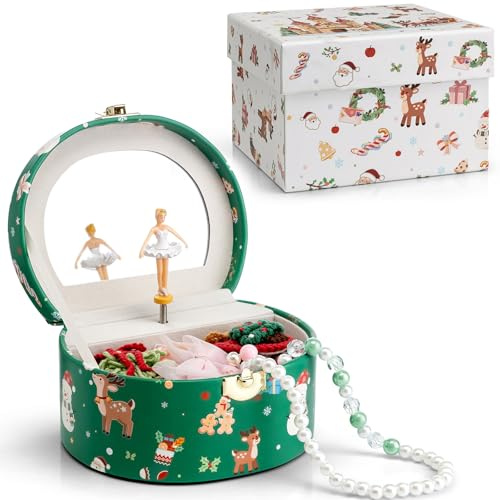 Vlando Caja de joyas de Navidad para niñas con caja de música, joyero para niños con bailarina giratoria y espejo, juguete regalo para niñas de 4 a 5 años, joyero de cuero para niñas, verde