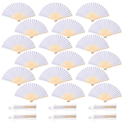 GWHOLE Eventail Mariage Blanc (Lot de 24), Éventail Pliant en Papier et Bambou avec 24 Sacs en Organza, Cadeau Invité, Décoration Baptême et Fête, Personnalisable DIY (21 cm)