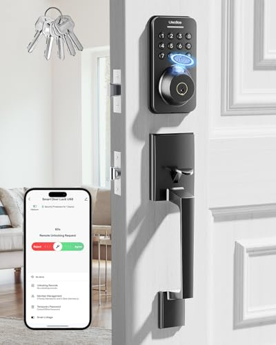 Ulecoce Fingerprint Keypad Deadbolt with Handle Set, Keyless Entry Door Lock, Door Locks for Front Door Lock Set, App Control, Auto Locking, Easy to Install, Matte Black