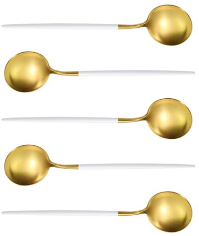 COHEALI Cucharas Soperas de Acero Inoxidable 5 Piezas, Tamaño Pequeño, Color Blanco Platino, para Comida Occidental y Suministros de Cocina, Cucharas Portátiles para Sopa y Café, Uso