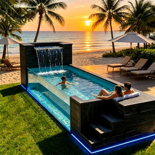 Piscina de Contenedor de 20/40 pies con Sistema de SPA, Piscina Modular Prefabricada de Lujo sobre el Suelo de Acero con Ventana de Vidrio, Control Inteligente de Temperatura, Filtración e Iluminación