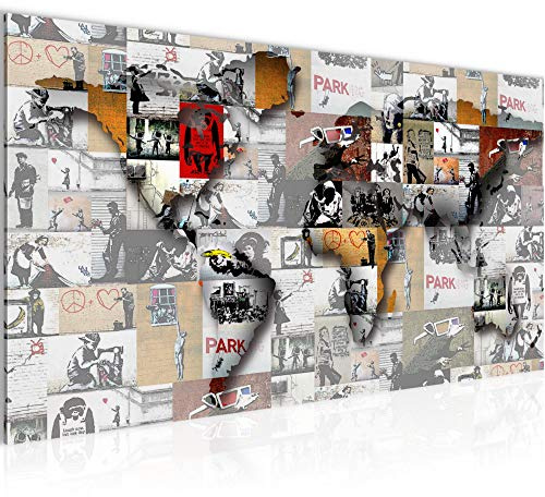 Runa Art Wandbild Weltkarte Banksy Collage 1 Teilig 100 x 40 cm Modern Bild auf Vlies Leinwand Pop Art Loft Wohnzimmer Bunt 104512a