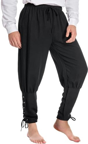 Pantalones anillados en el Tobillo para Hombre, para Primavera, Verano, otoño, Pantalones Medievales de navegante Vikingo, renacentistas., Negro, Medium