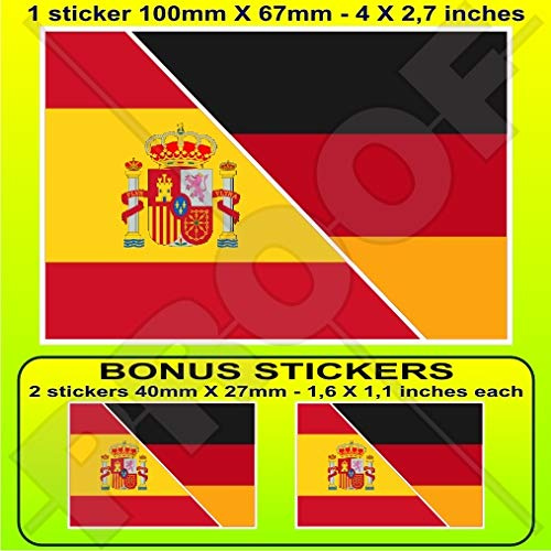 SPANIEN-DEUTSCHLAND Spanisch-Deutsch Flagge 100mm Auto & Motorrad Aufkleber, Vinyl Sticker x1+2 BONUS