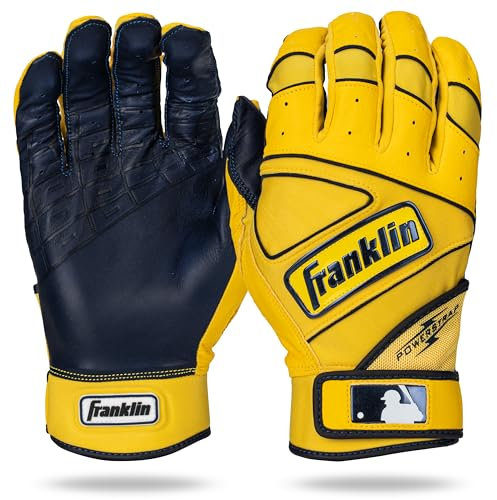 Franklin Sports MLB Baseball Batting Gloves - Powerstrap - Rutschfest & Atmungsaktiv - Polypropylen - Beidhändig - Klettverschluss - Gelb oder Navy - Baseball & Softball - Unisex-Erwachsene + Jugend