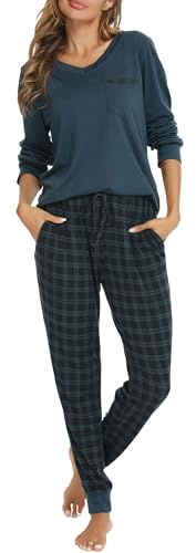 Vlazom Pyjama Femme Hiver Ensembles de Pyjama à Manche Longue Col en V Vêtements de Nuit à Carreaux Chaud Long